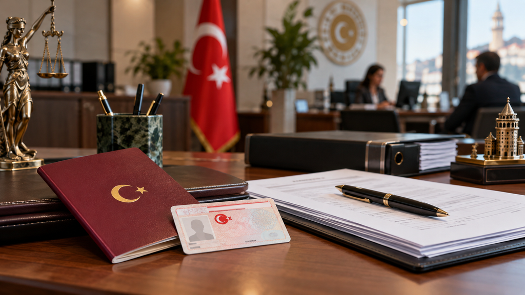 Resmi dairede vatandaşlık başvurusu için hazırlanan pasaport, kimlik kartı ve evrak dosyası.