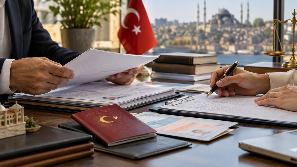 Başvuru öncesi görüşmede evrakları kontrol eden görevli, pasaport ve form dolduran başvuru sahibi.