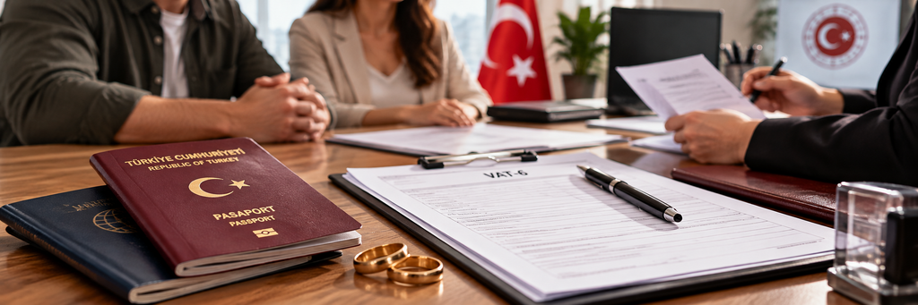 Evlenme yoluyla vatandaşlık başvurusunu simgeleyen, masada pasaport, alyanslar, form, evrak dosyaları ve kalem; arka planda memurla görüşen çift.