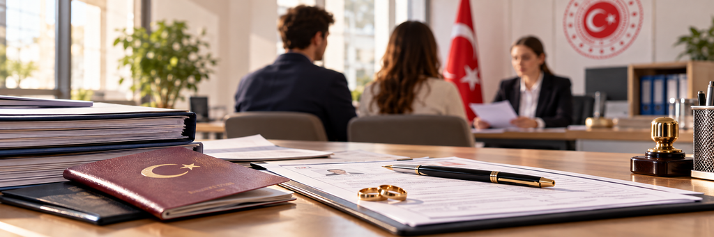 Masada pasaportlar, alyanslar ve VAT-6 formu; arka planda evrakları inceleyen görevli ile karşısındaki çift.